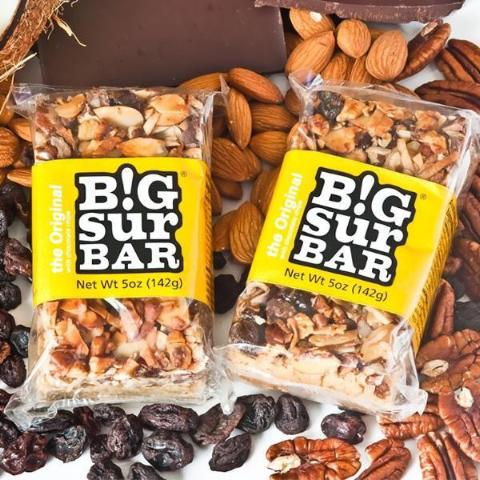Original Big Sur Bar, yellow label, almonds, pecans, raisins, coconut, semi-sweet chocolate, honey, oatmeal. All Natural. No additives or preservatives.