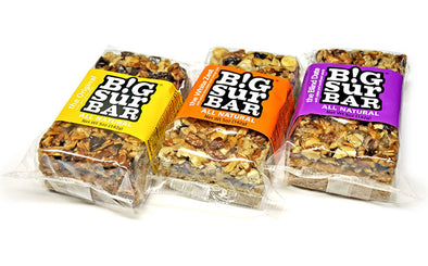 All three Big Sur Bar flavors. The Original yellow label, The White Zest orange label, The Blind Date purple label. All Natural. No additives or preservatives.